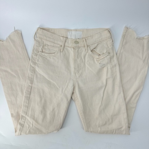 Mother The Flirt Chew White Distressed High Waisted Cutoff Straight Leg Jeans - Picture 2 of 6